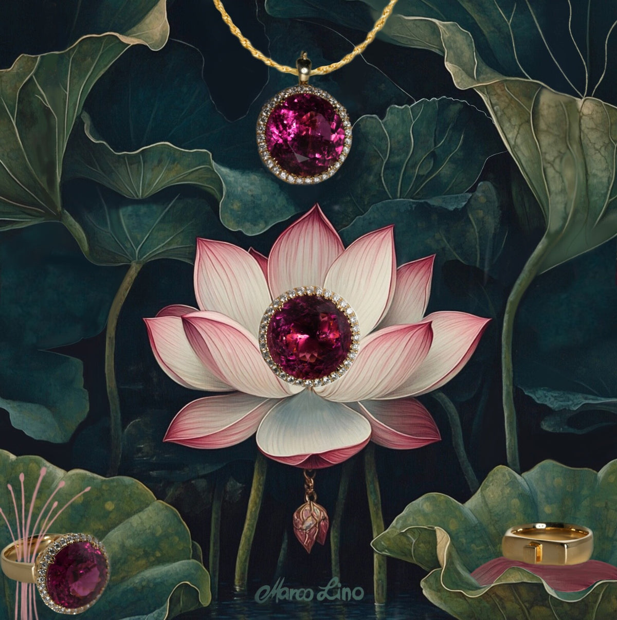 Marco Lino  "Die Lotusblüte"  Rubelith 15,17ct in 750er Gelbgold0