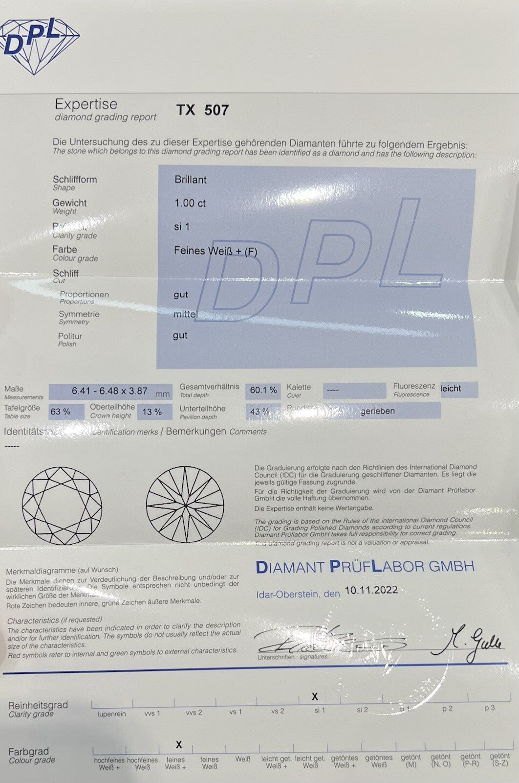 Diamant Solitär 1,00ct Feines weiss F, SI 1 DPL2