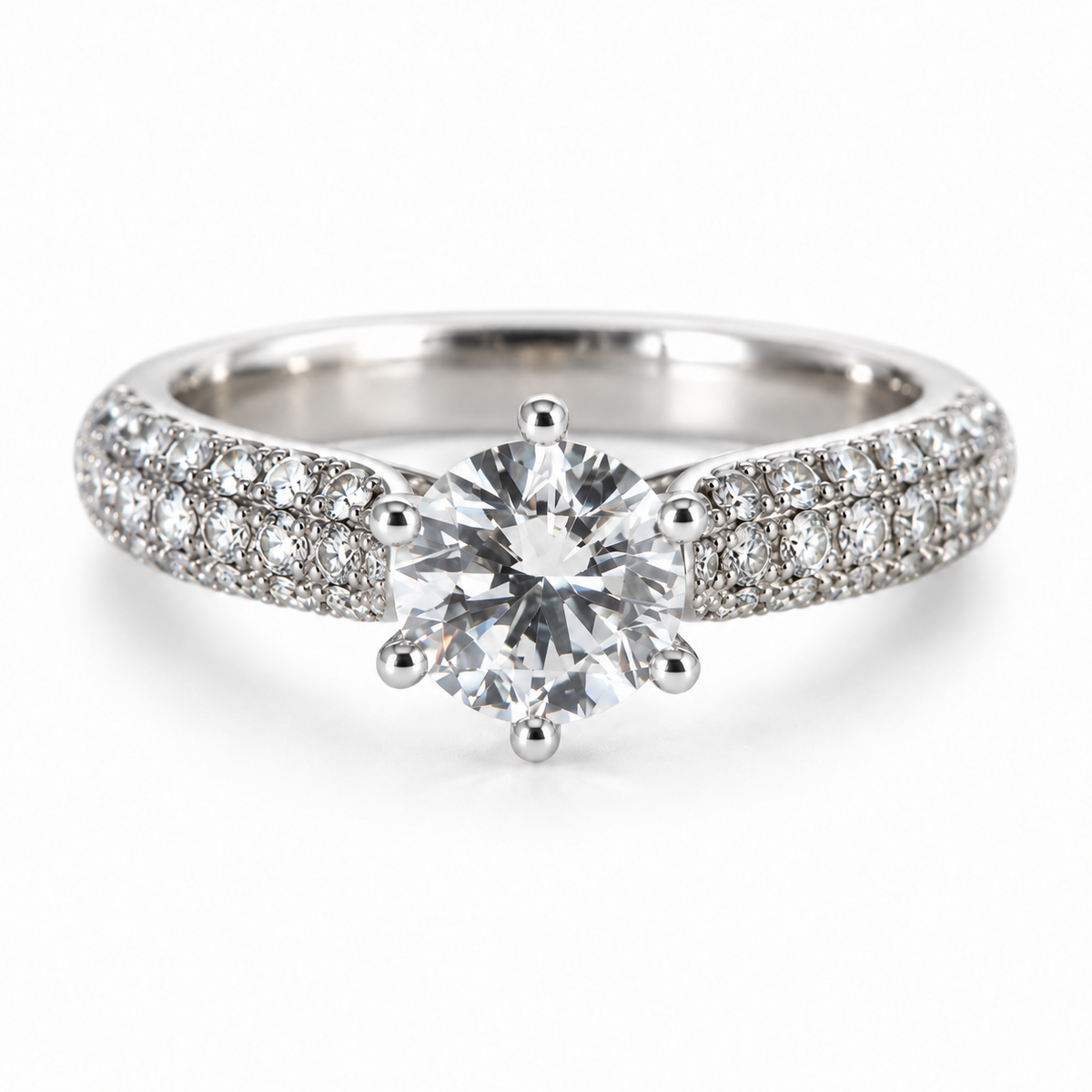 Brillantring mit sechs Weißgoldkrappen und diamantbesetzten Ringschultern