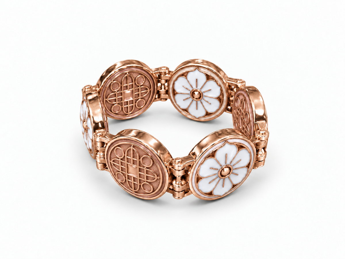 Dreamport-Ring Rosé & Weiß mit weißen Blüten und kupferfarbenen Motivgliedern – Farbvisualisierung