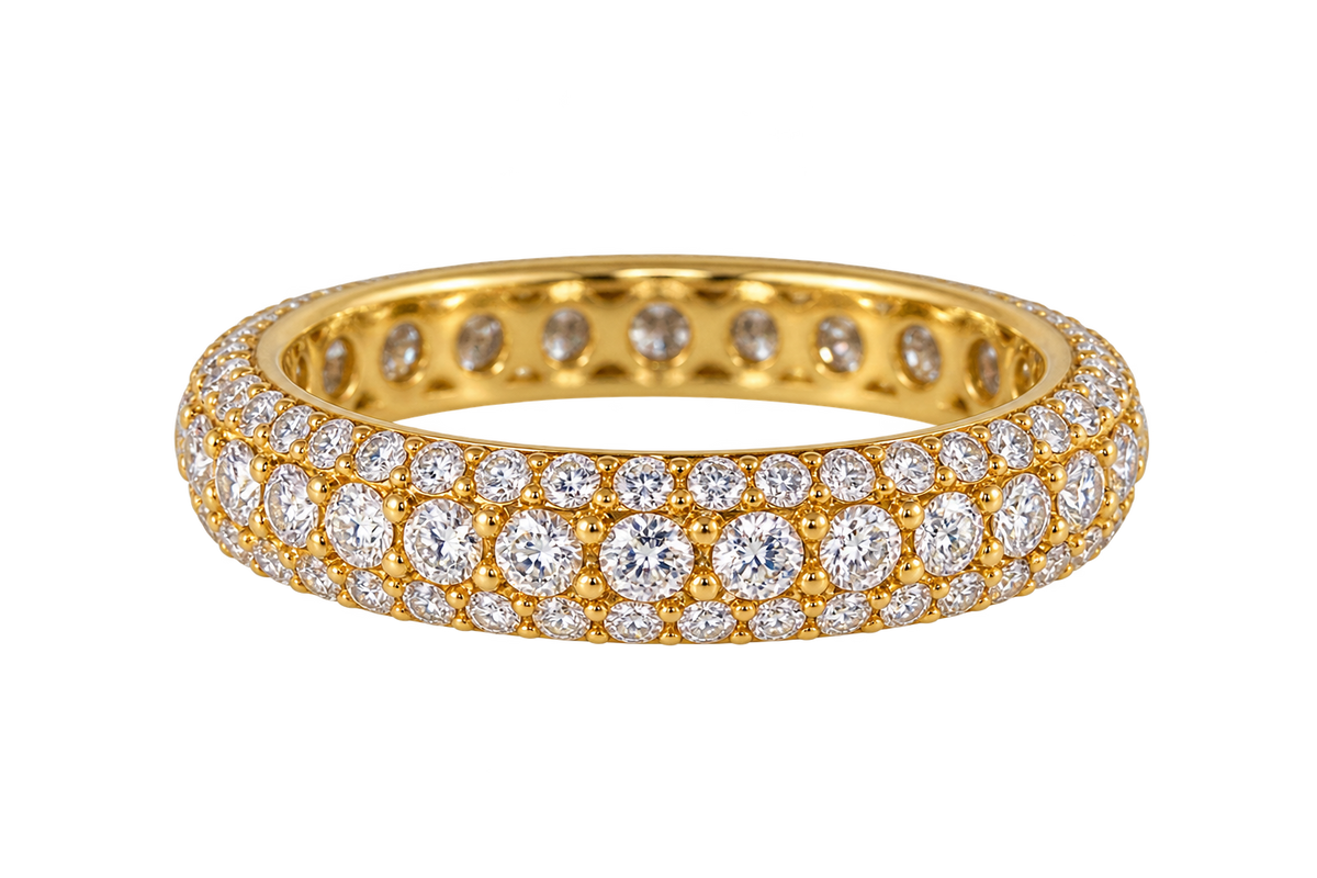 Dreireihiger Memoire-Ring in 18 kt Gold mit 114 Brillanten, 1,50 ct F/VS