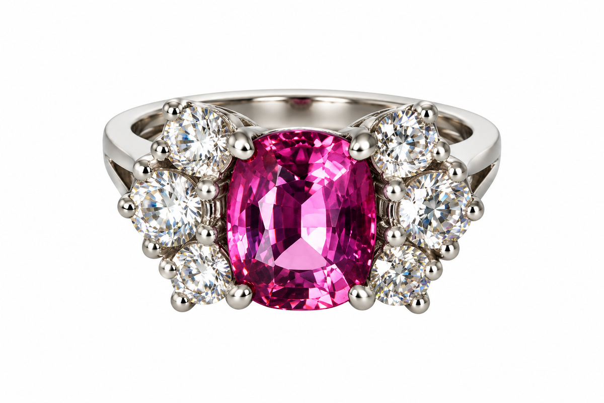 Pinker Saphirring mit sechs seitlichen Steinen
