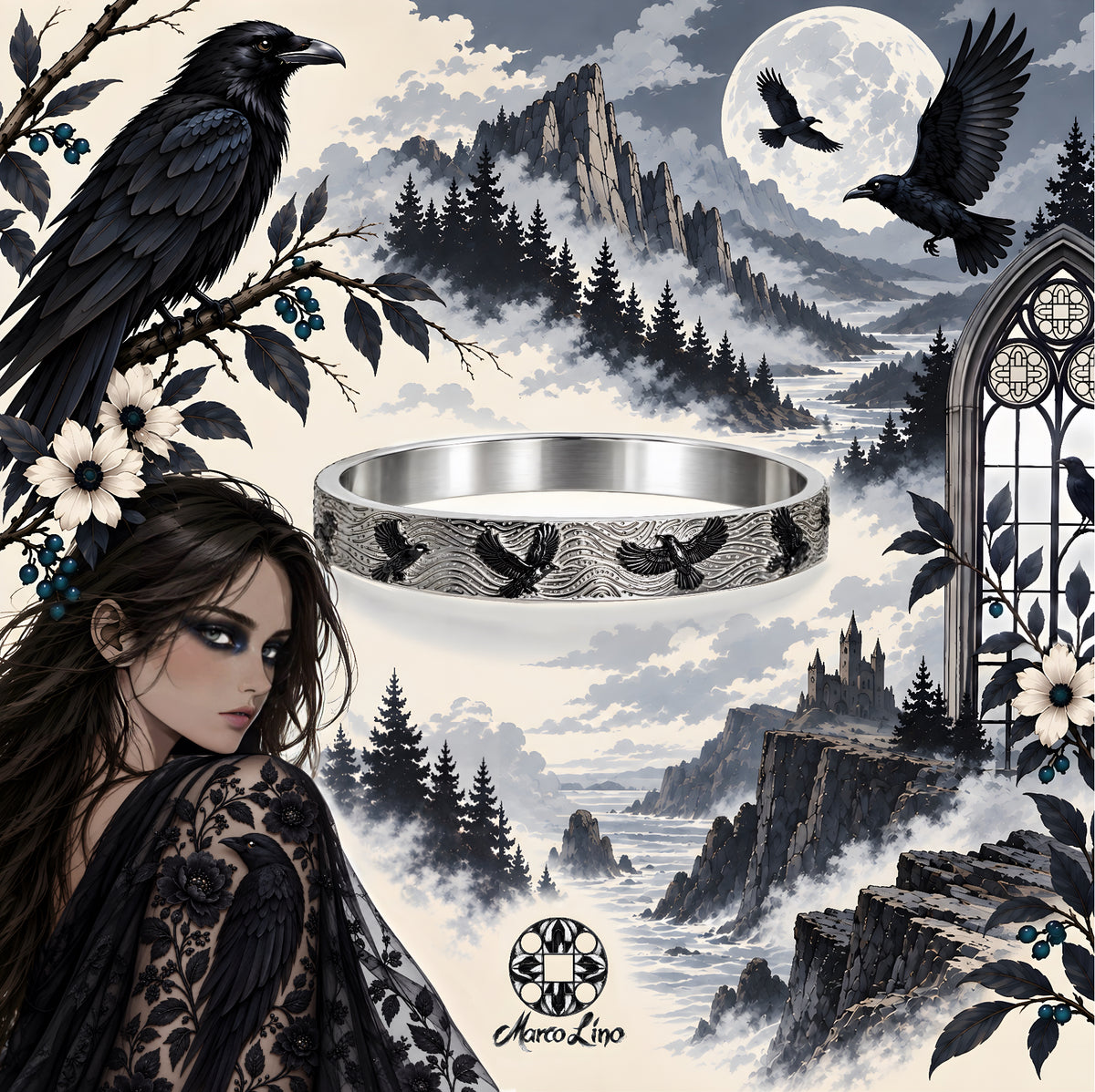 Raven´s Sky – aktuelle Grafik von Marco Lino mit Armreif und Rabenlandschaft