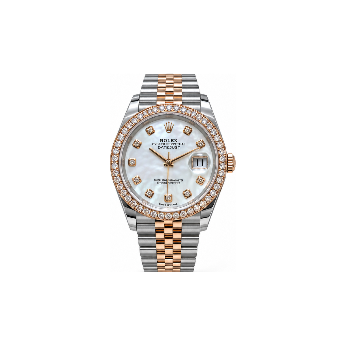Rolex Datejust 2021 Stahl Roségold mit Brillantlünette und Diamant-Perlmutt-Zifferblatt, Frontansicht