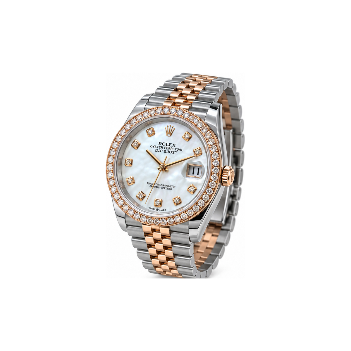 Rolex Datejust 2021 Stahl Roségold mit Brillantlünette und Diamant-Perlmutt-Zifferblatt, Perspektivansicht
