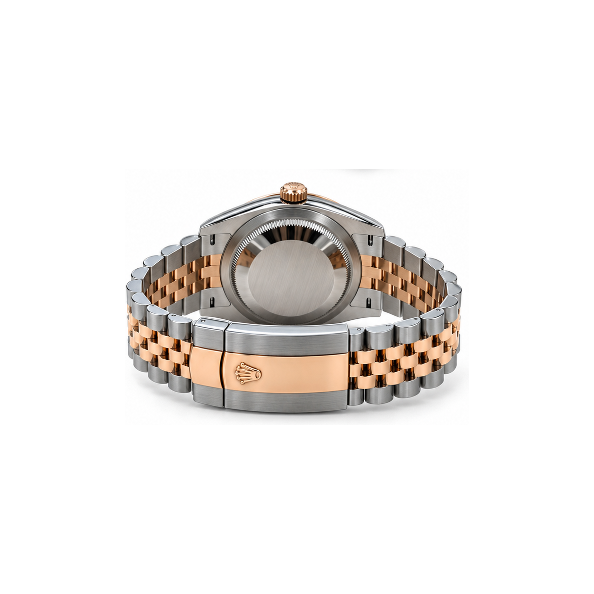 Rolelex Datejust 2021 Stahl Roségold mit Brillantlünette und Diamant-Perlmutt-Zifferblatt, Rückseite und Schließe