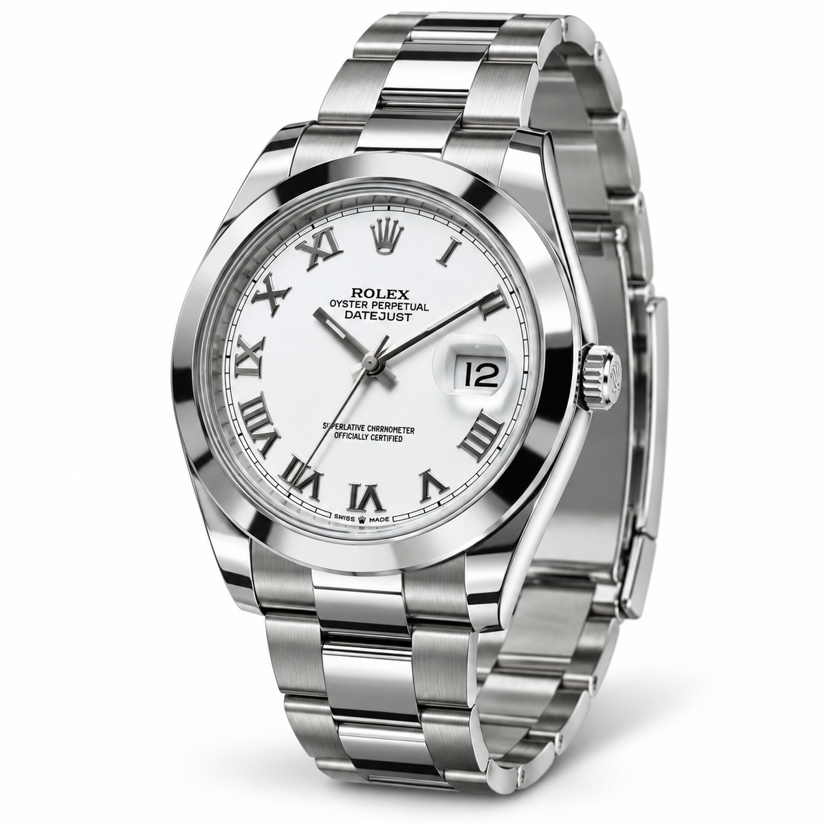Rolex Datejust, Jahr 2024, Edelstahl mit weißem Zifferblatt und Oyster-Armband – Dreiviertelansicht