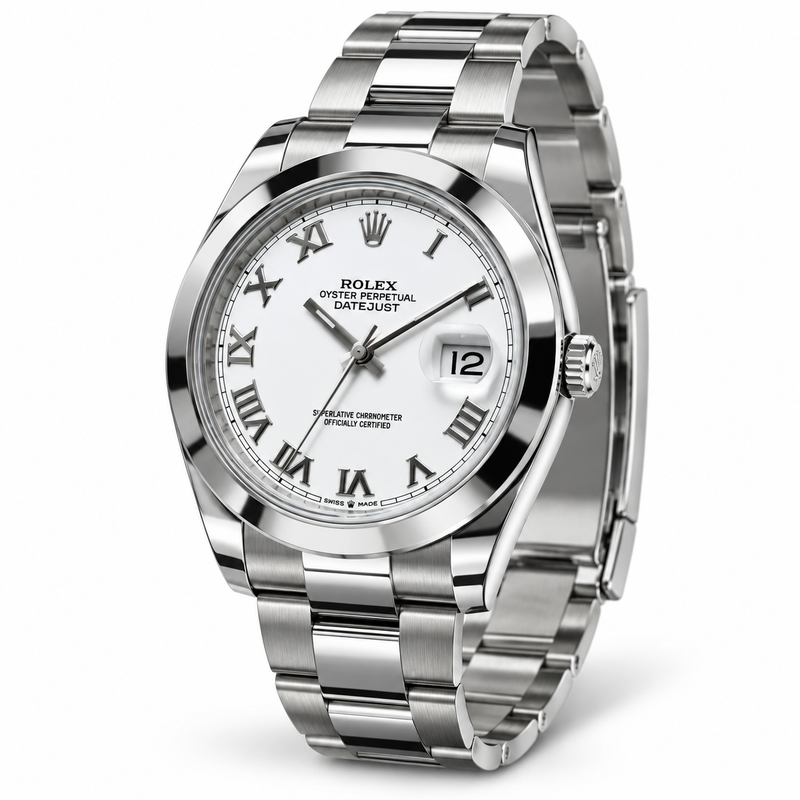 Rolex Datejust, Jahr 2024, Edelstahl mit weißem Zifferblatt und Oyster-Armband – Dreiviertelansicht