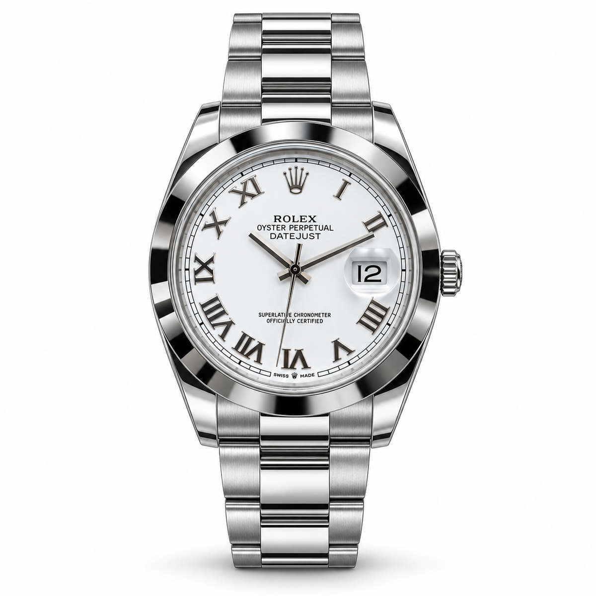 Rolex Datejust, Jahr 2024, Edelstahl mit weißem Zifferblatt und römischen Ziffern – Vorderansicht
