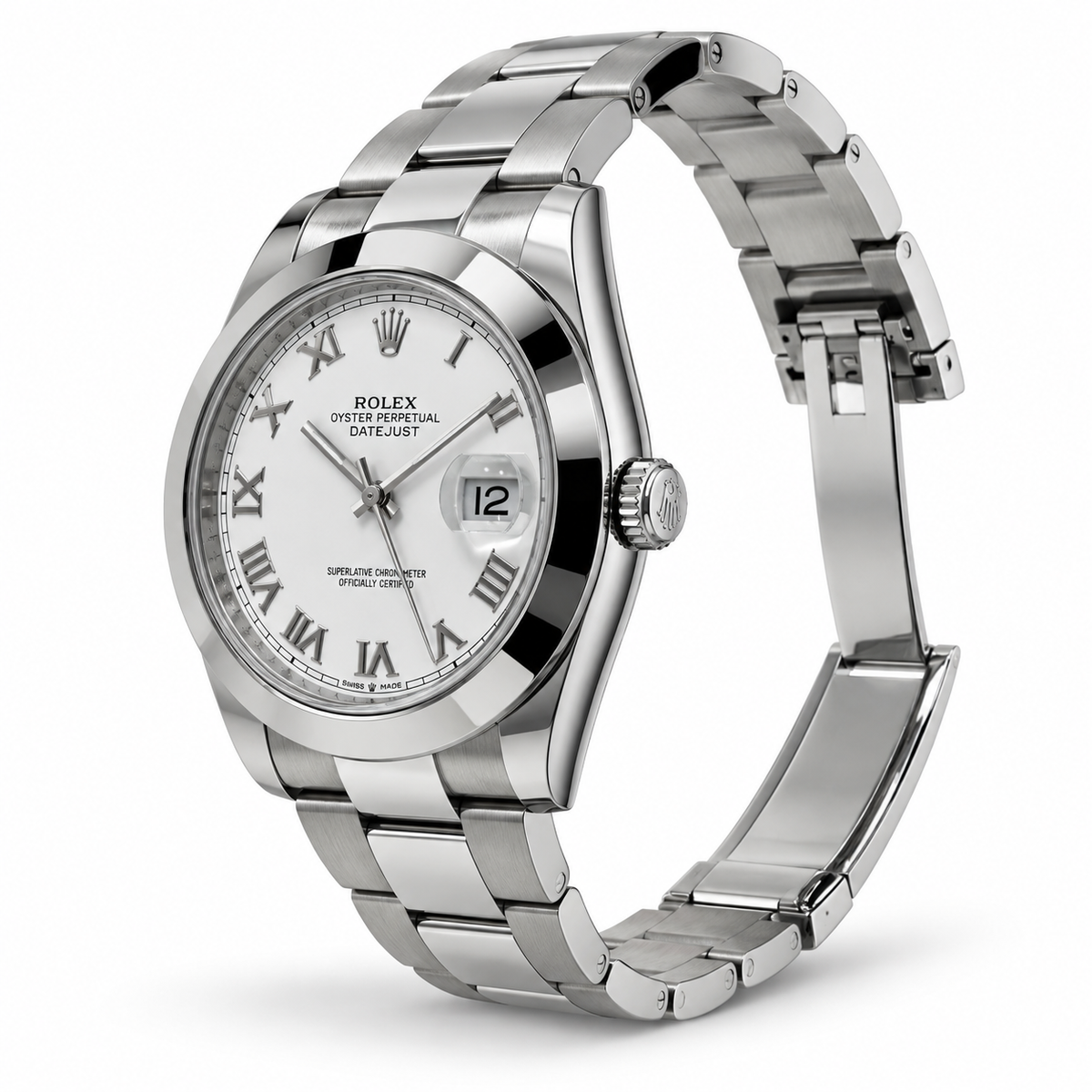 Rolex Datejust, Jahr 2024, Edelstahl – seitliche Schrägansicht mit geöffnetem Oyster-Armband