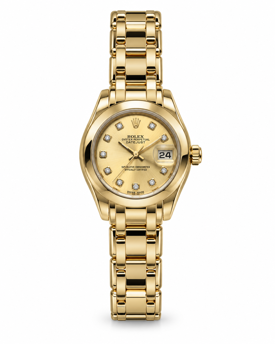 Rolex Pearlmaster von 2002 in 18 Karat Gelbgold mit Diamantzifferblatt – Vorderansicht