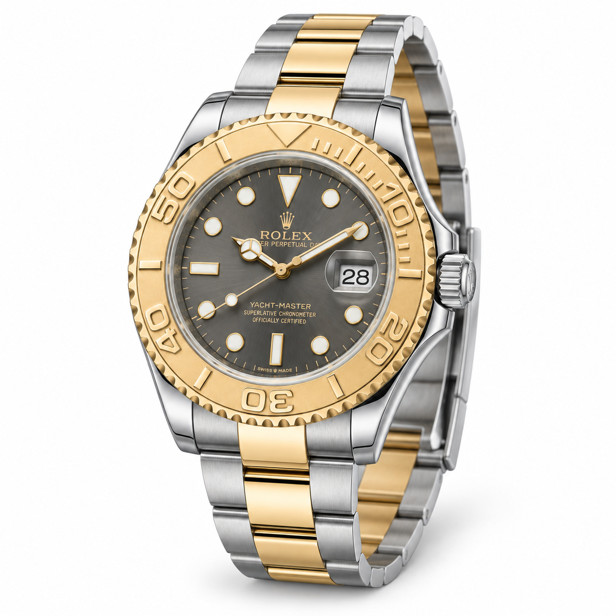 Rolex Yacht-Master Stahl Gold 2005 Schrägansicht auf weiß