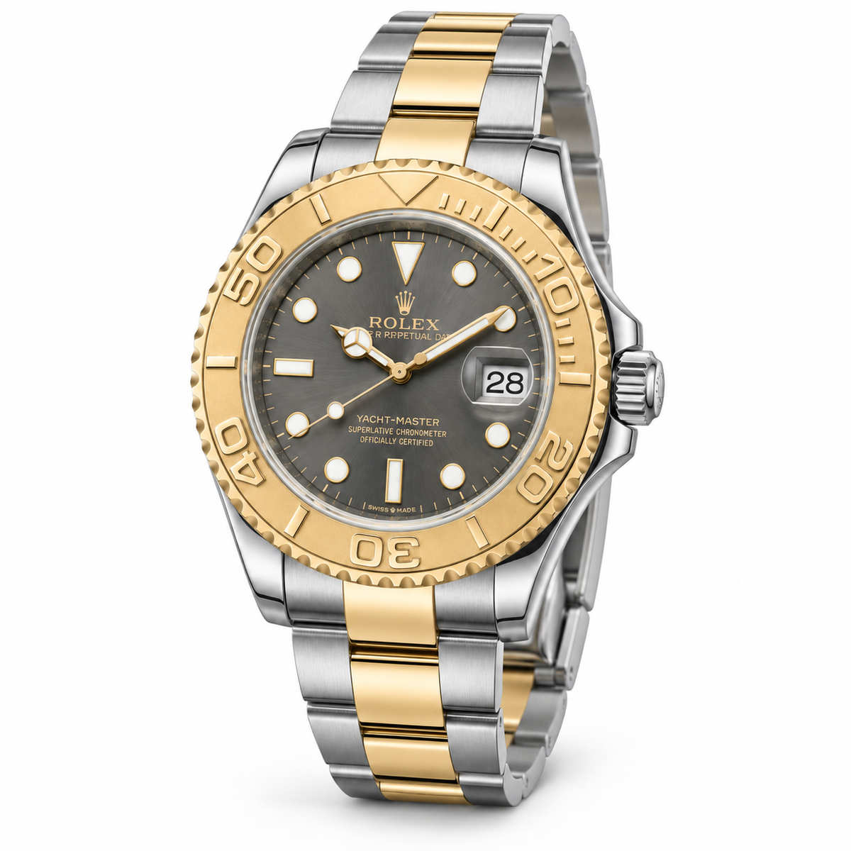 Rolex Yacht-Master Stahl Gold 2005 zweite Schrägansicht auf weiß