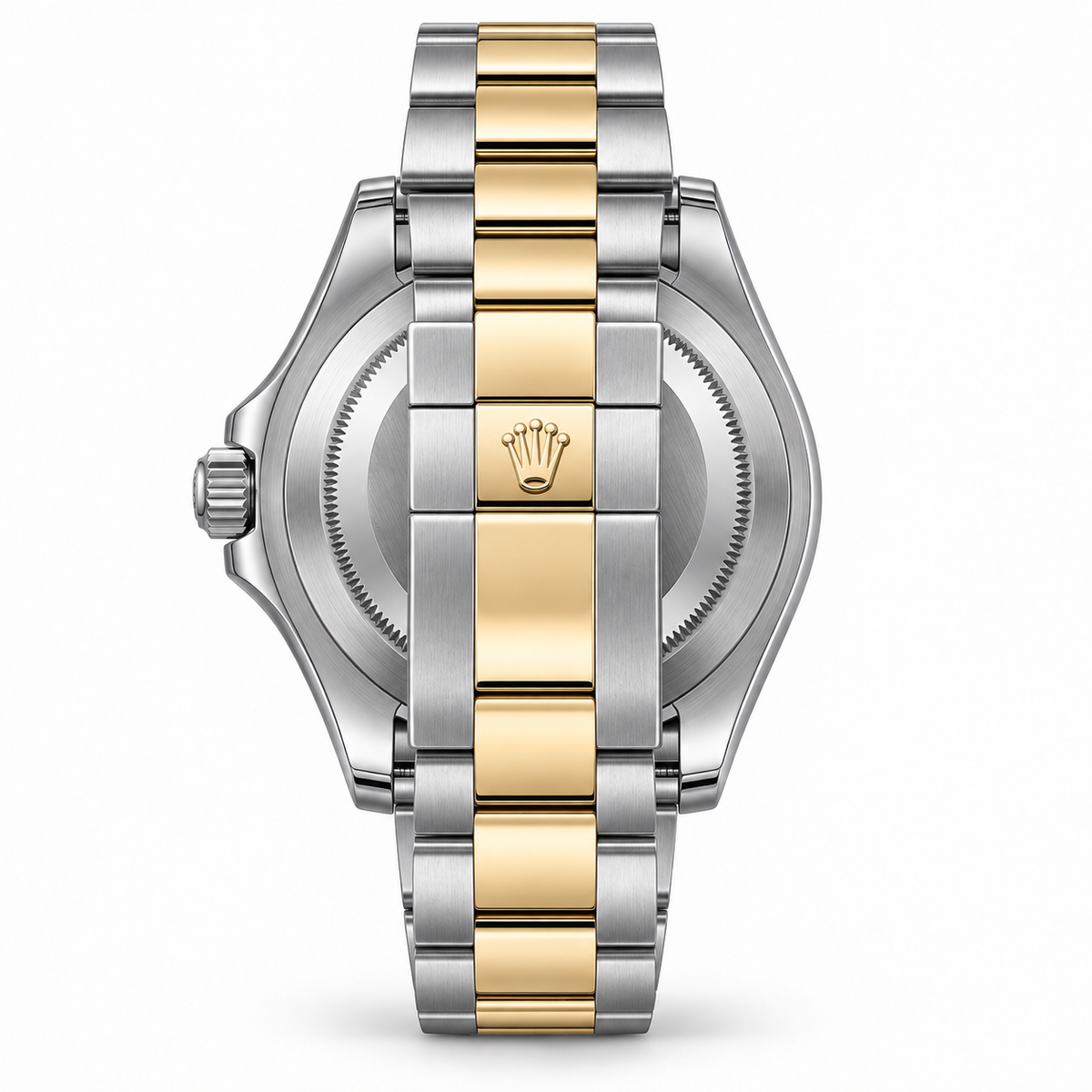 Rolex Yacht-Master Stahl Gold 2005 Rückansicht auf weiß