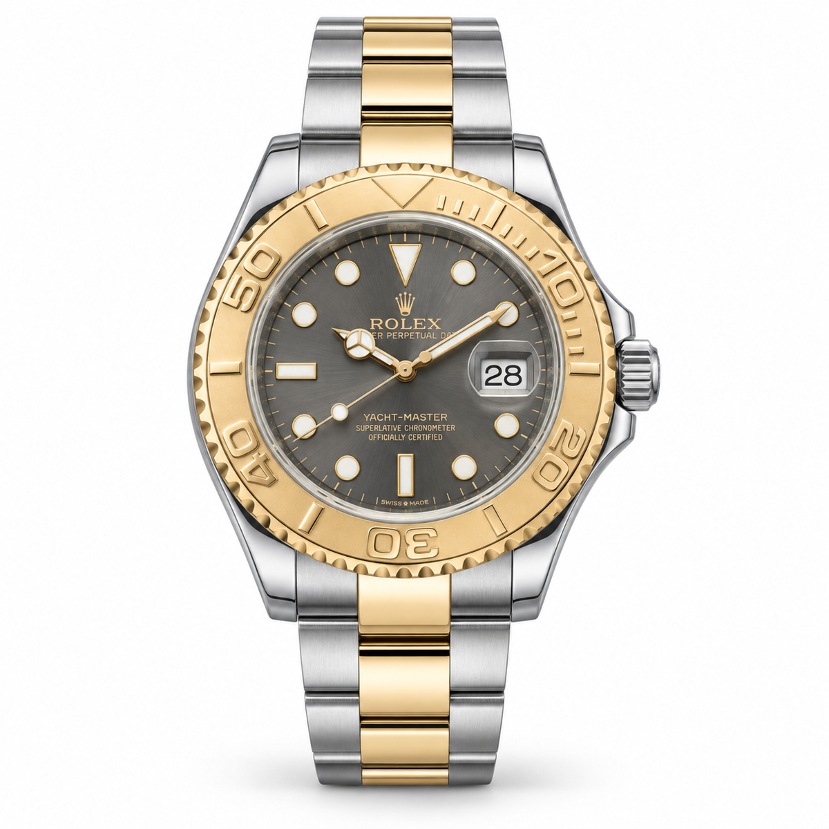 Rolex Yacht-Master Stahl Gold 2005 Frontansicht auf weiß