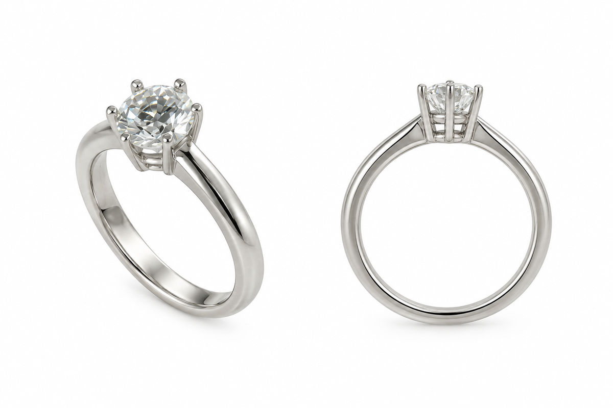 Solitärring 0,77 ct E/VS2 in 750er Weißgold, zwei Ansichten