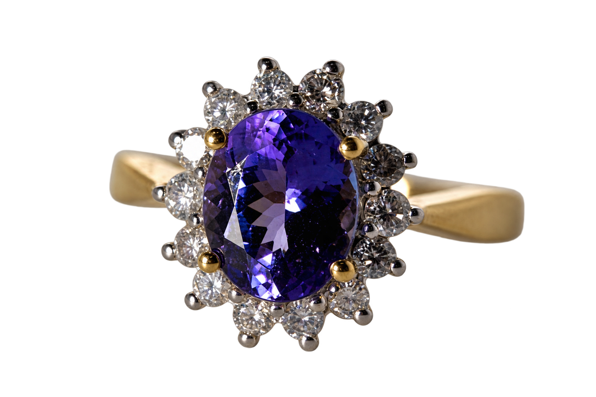 Tansanitring in 18 kt Gold, ca. 2 ct Tansanit und 14 Diamanten, Ringgröße 54 – freigestellte Frontalansicht